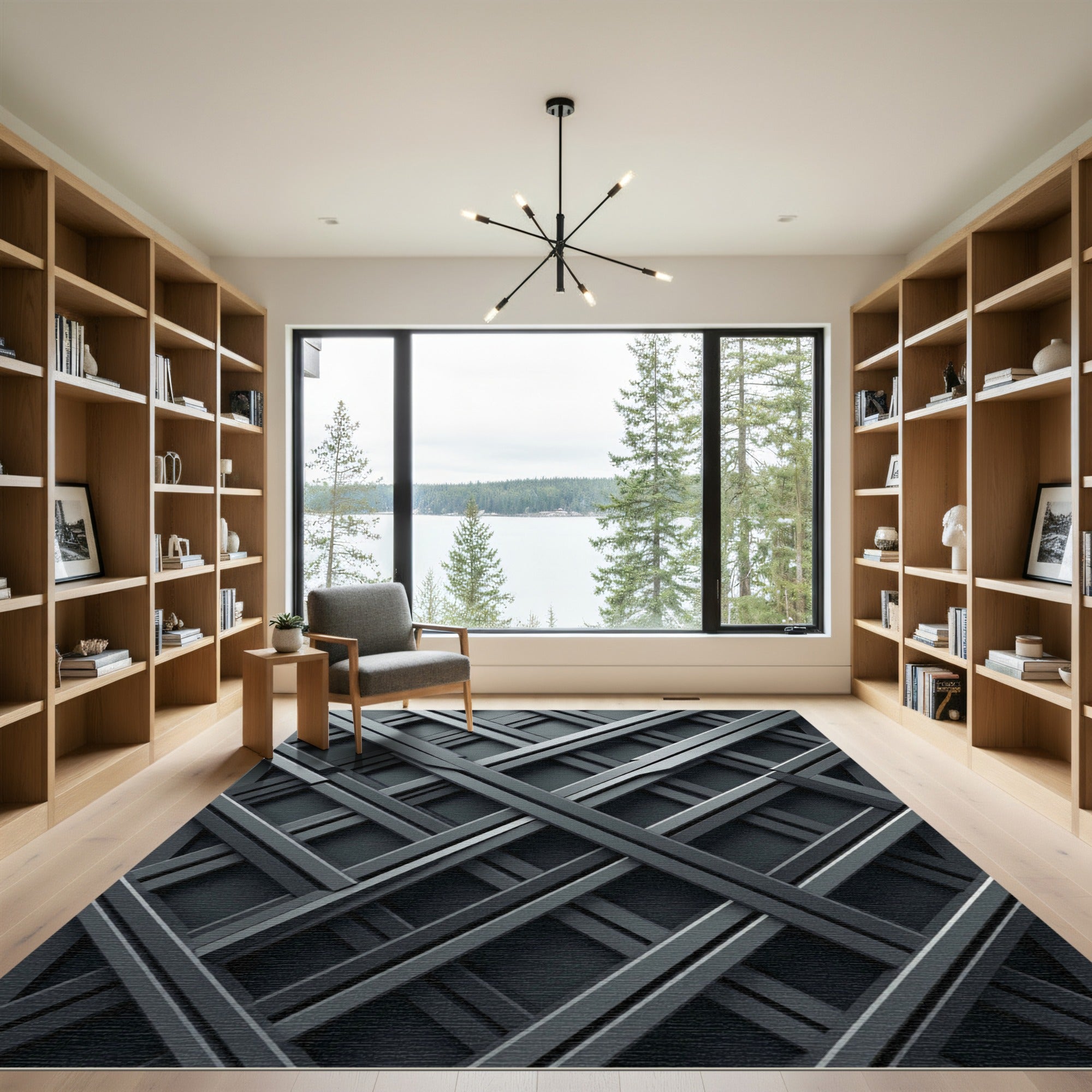 Geometric Charcoal Industrial Crosshatch Grid Rug