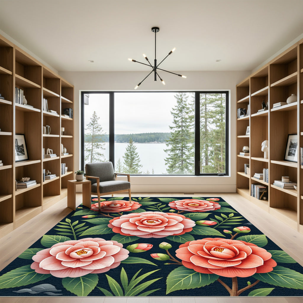 Coral Camellia Floral Dark Botanical Rug