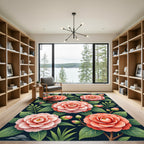 Coral Camellia Floral Dark Botanical Rug