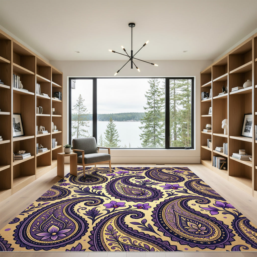 Gold Purple Orchid Paisley Floral Rug