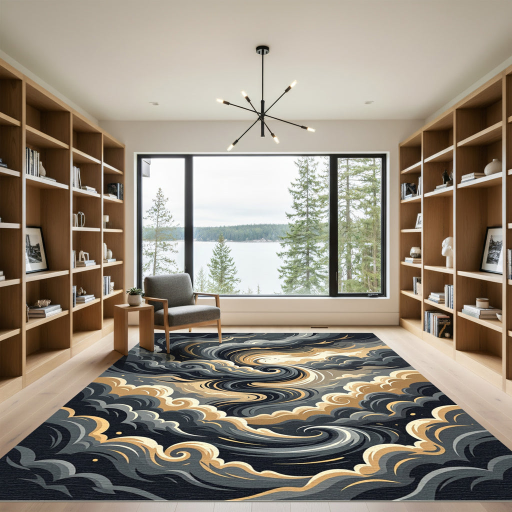 Abstract Swirling Golden Charcoal Clouds Rug