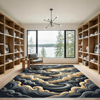 Abstract Swirling Golden Charcoal Clouds Rug