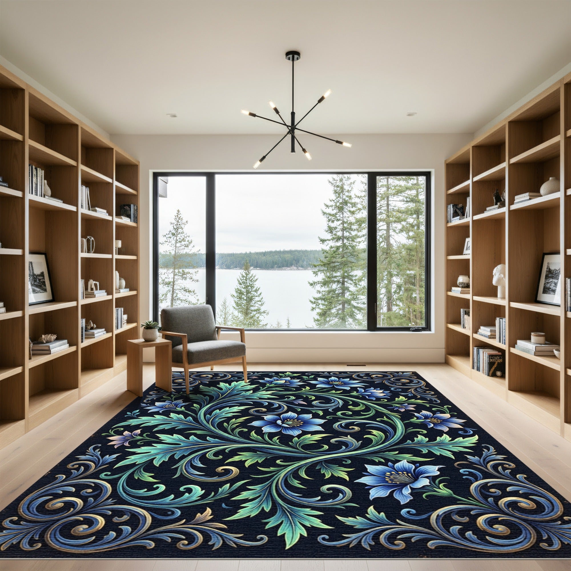 Ornate Blue Floral Vine Swirl Rug