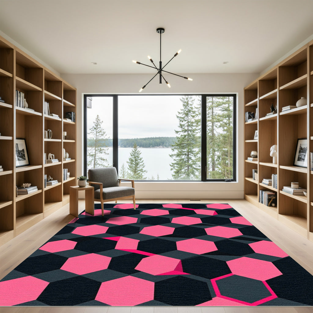 Modern Pink and Charcoal Geometric Hexagon Rug