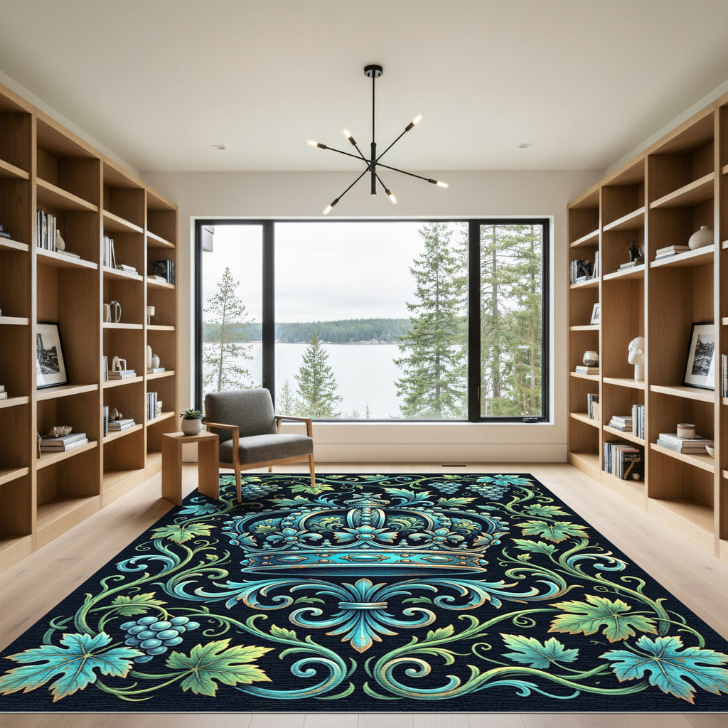 Ornate Teal Crown Grape Vine Crest Rug