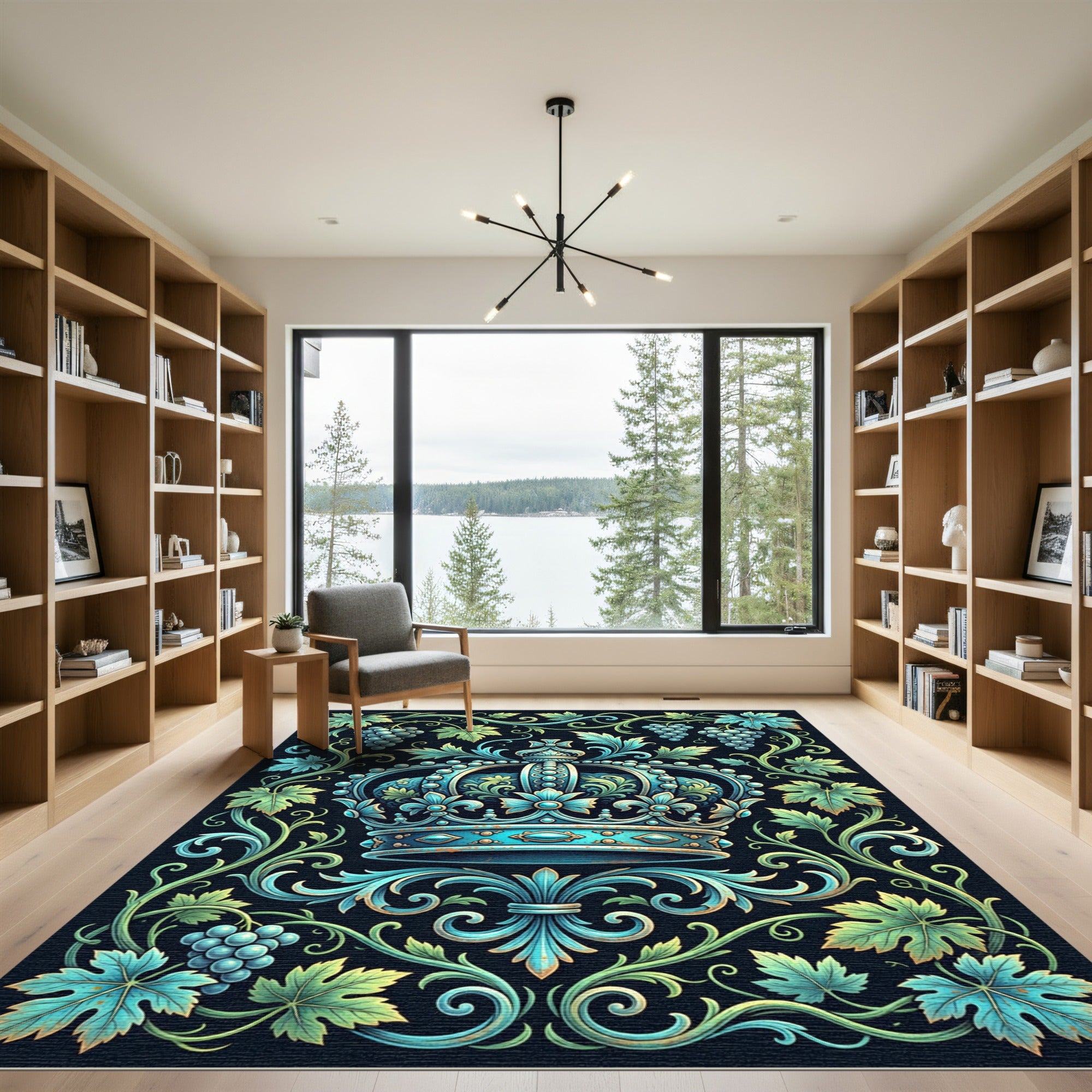 Ornate Teal Crown Grape Vine Crest Rug
