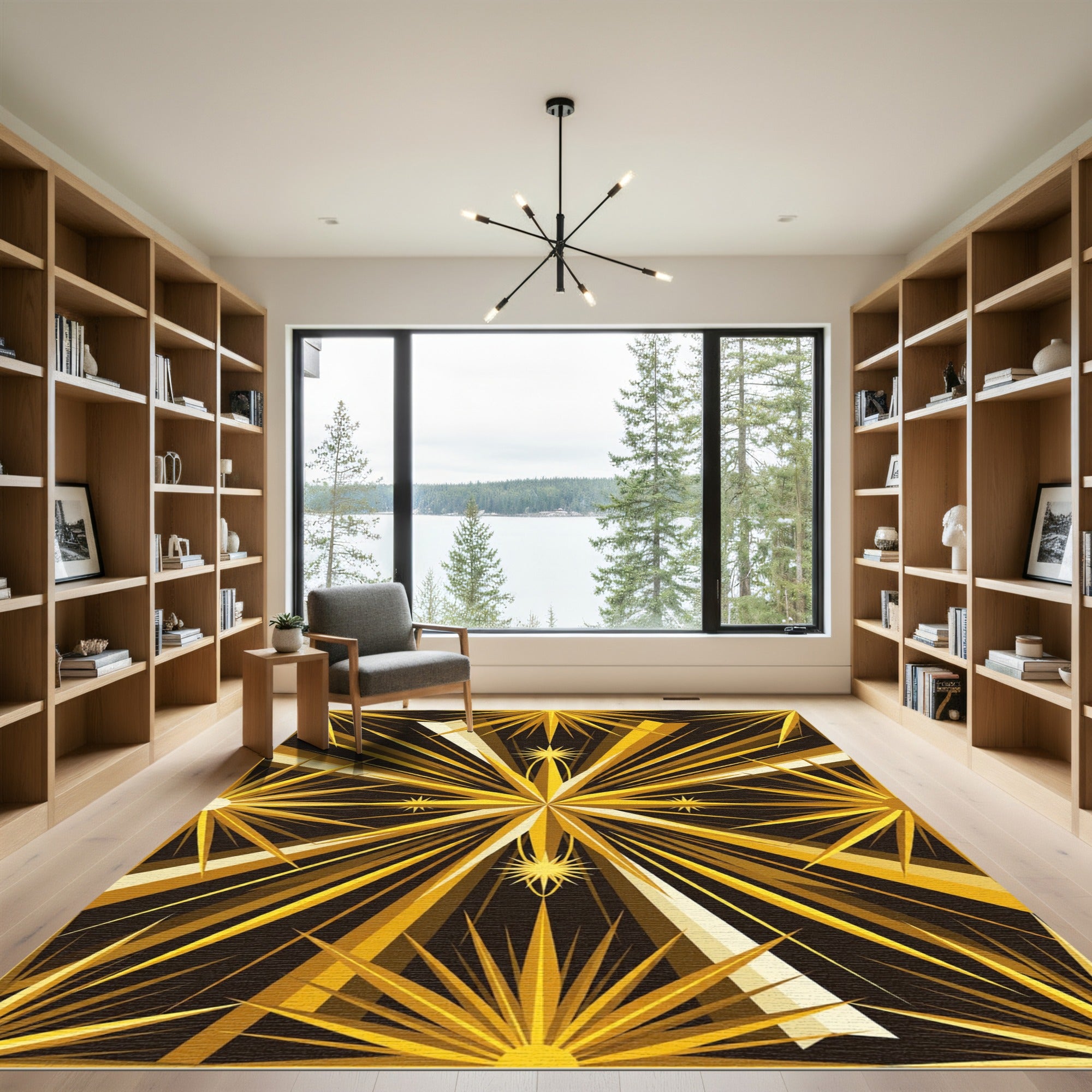 Radiant Golden Sunburst Geometric Art Rug