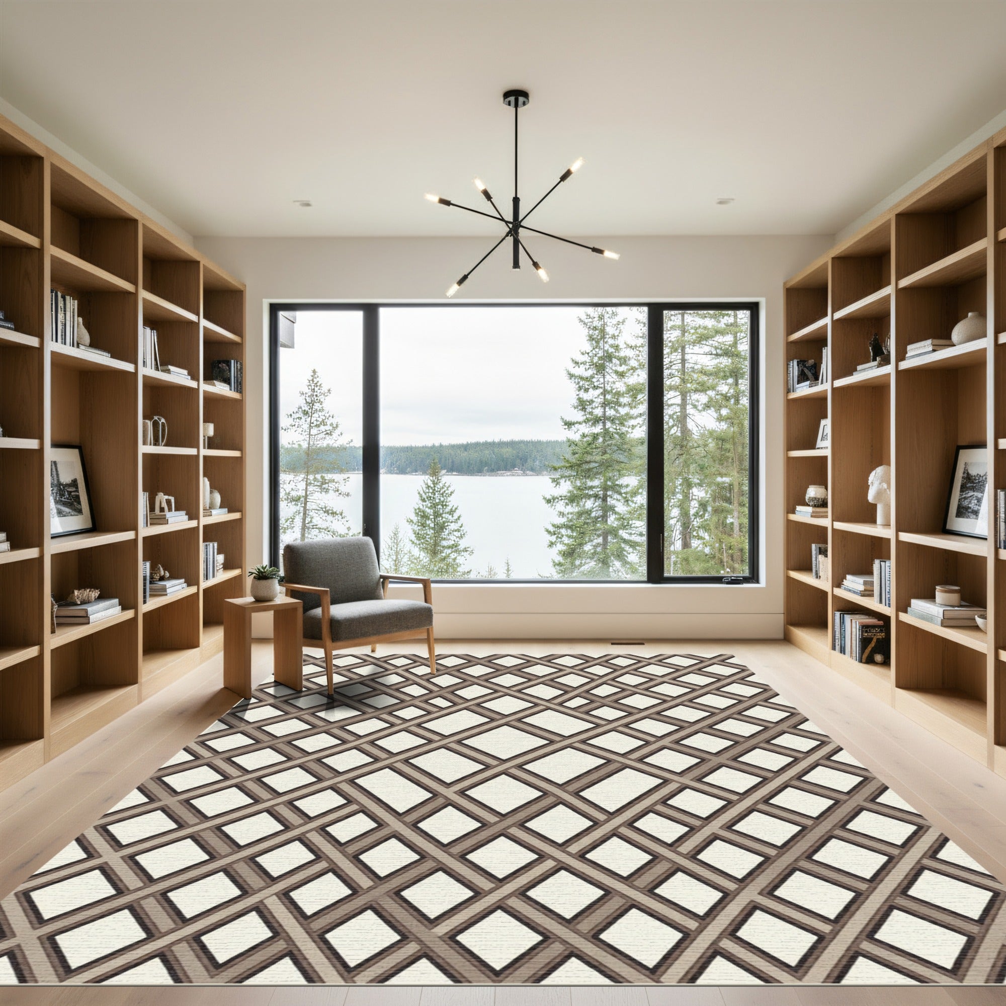 Geometric Brown Lattice Diamond Weave Rug