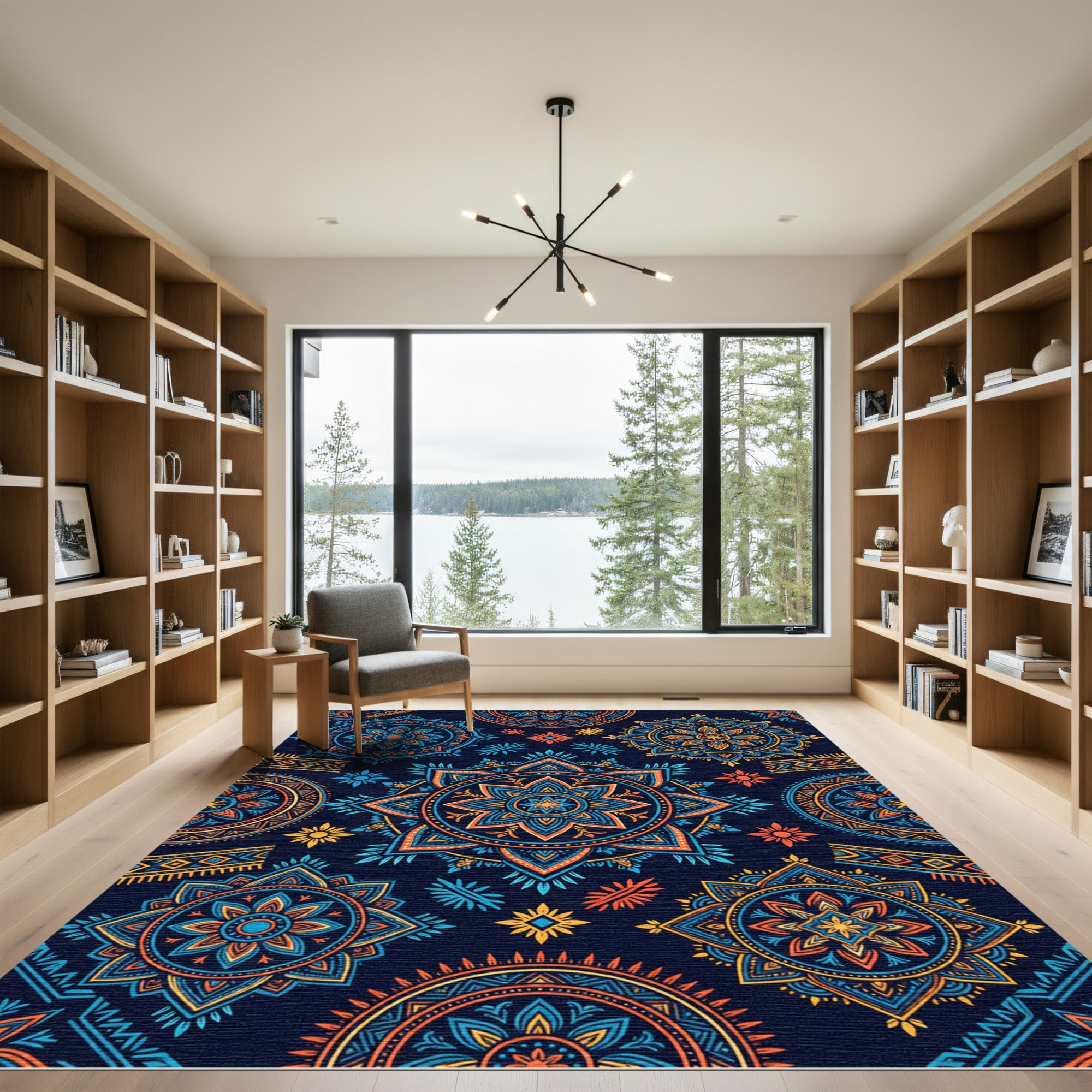 Vibrant Indigo Orange Mandala Star Rug