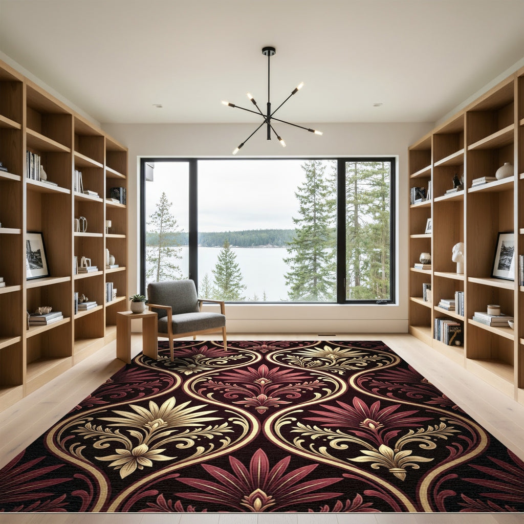 Deep Crimson and Gold Damask Floral Rug