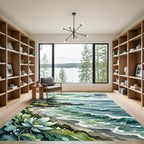 Coastal Watercolor Shoreline Green Floral Rug