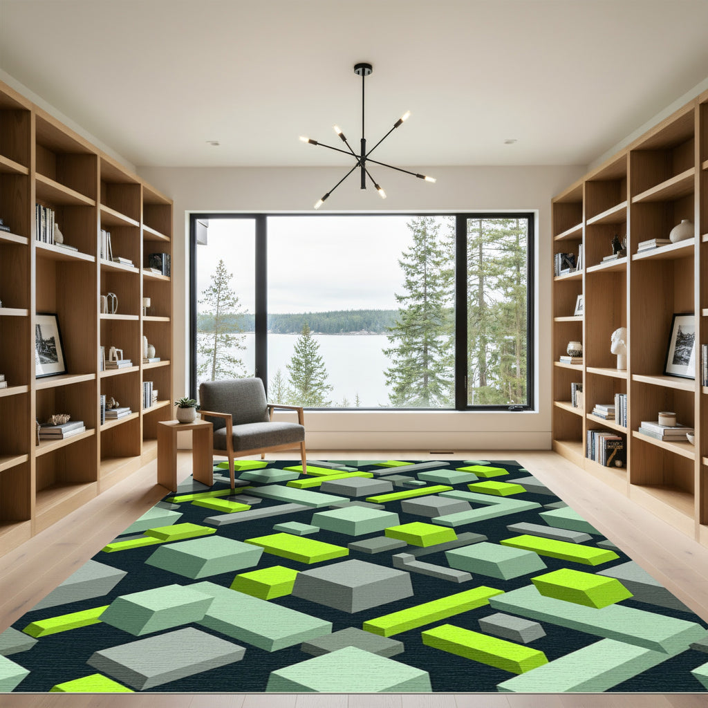Mint Green Isometric Blocks Pattern Rug