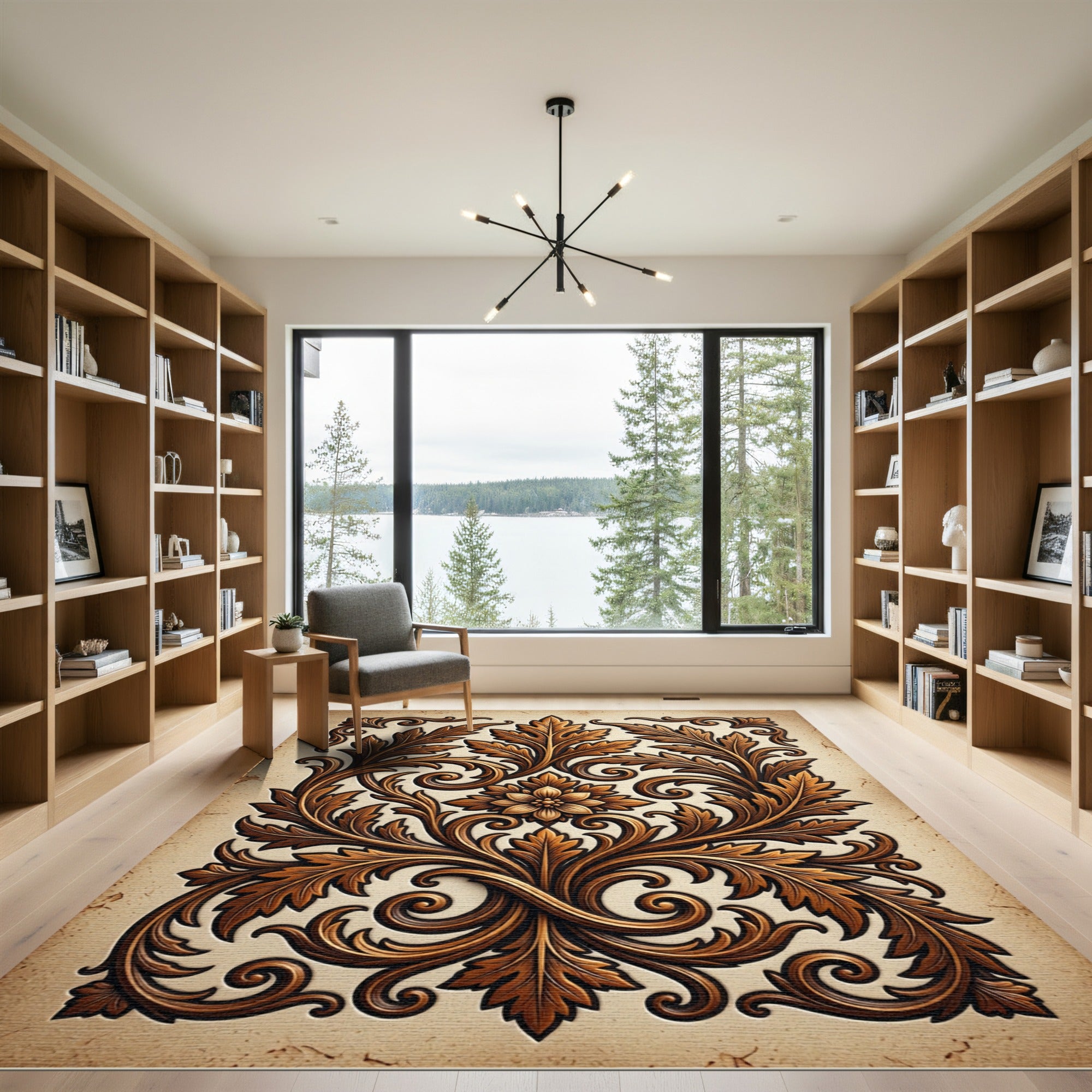 Ornate Copper Leaf Scroll Panel Rug