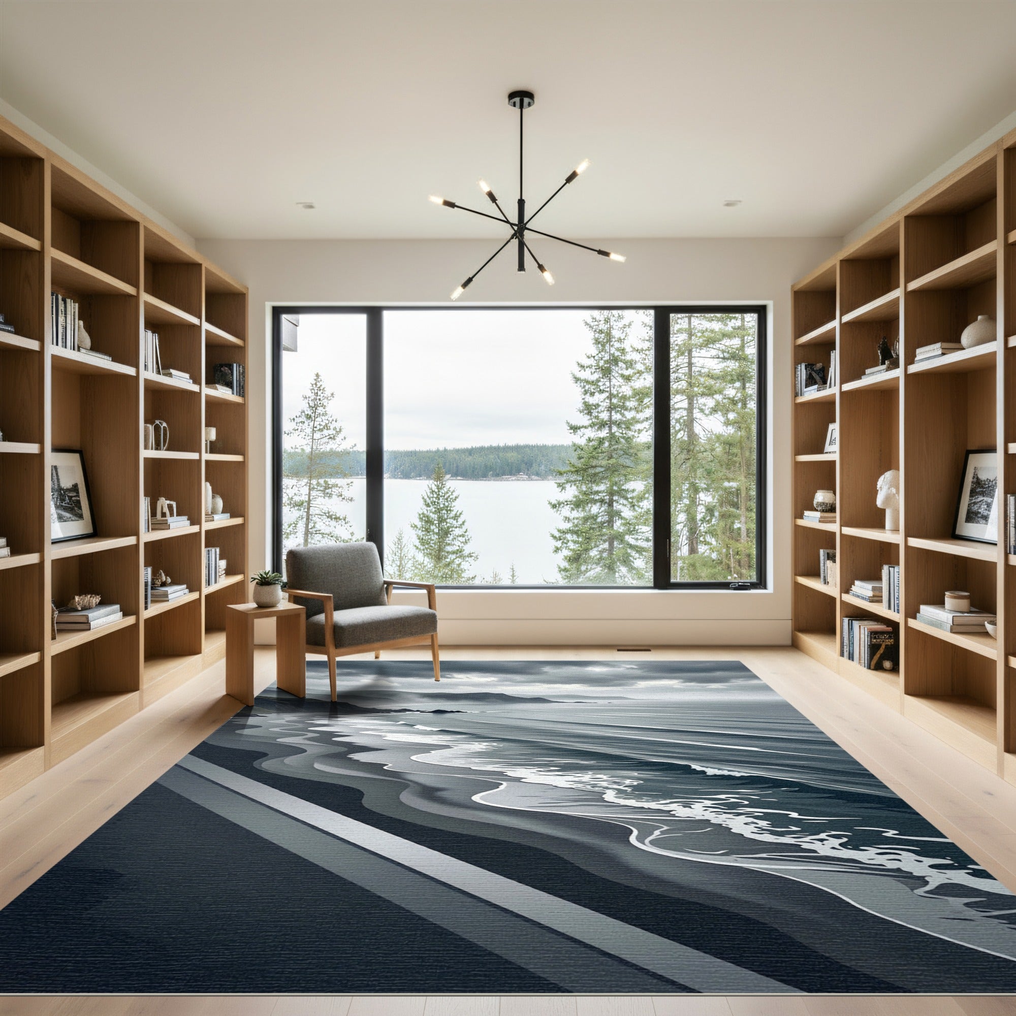 Monochromatic Coastal Wave Landscape Rug