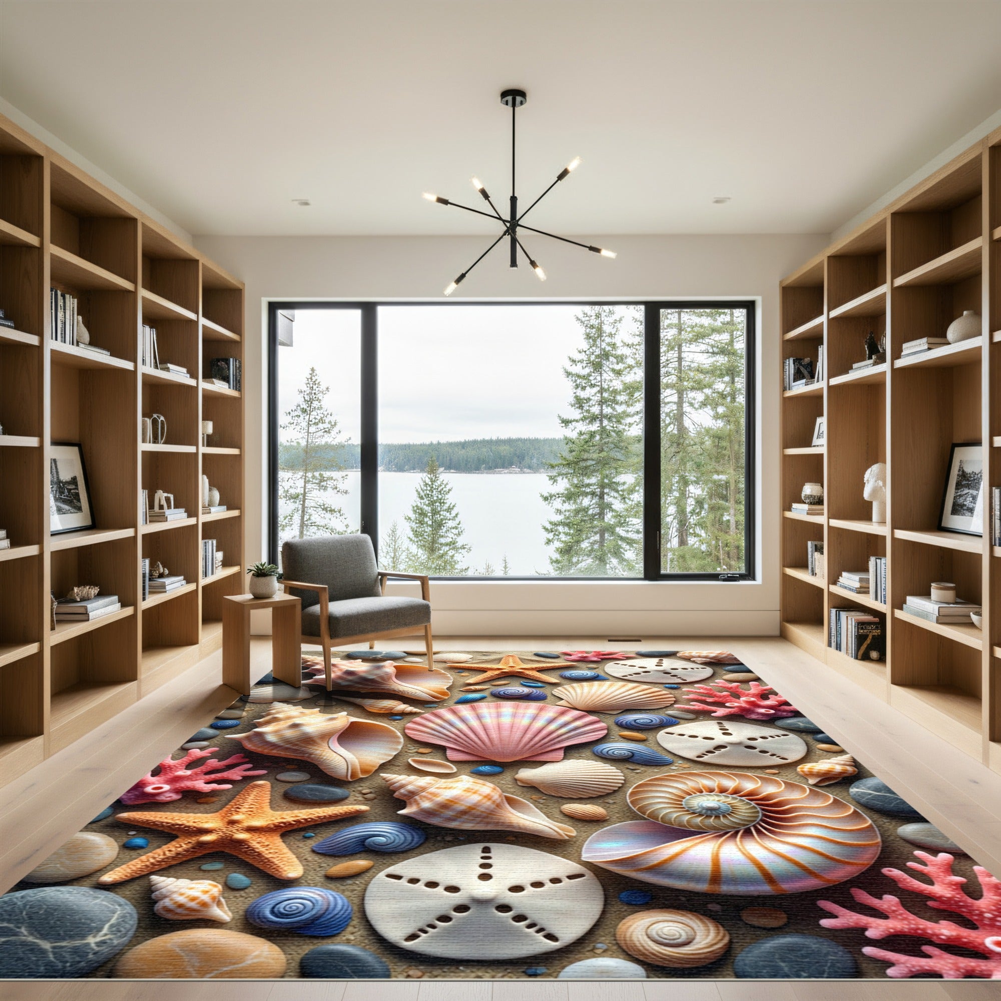 Coastal Seashell and Starfish Beach Art Rug