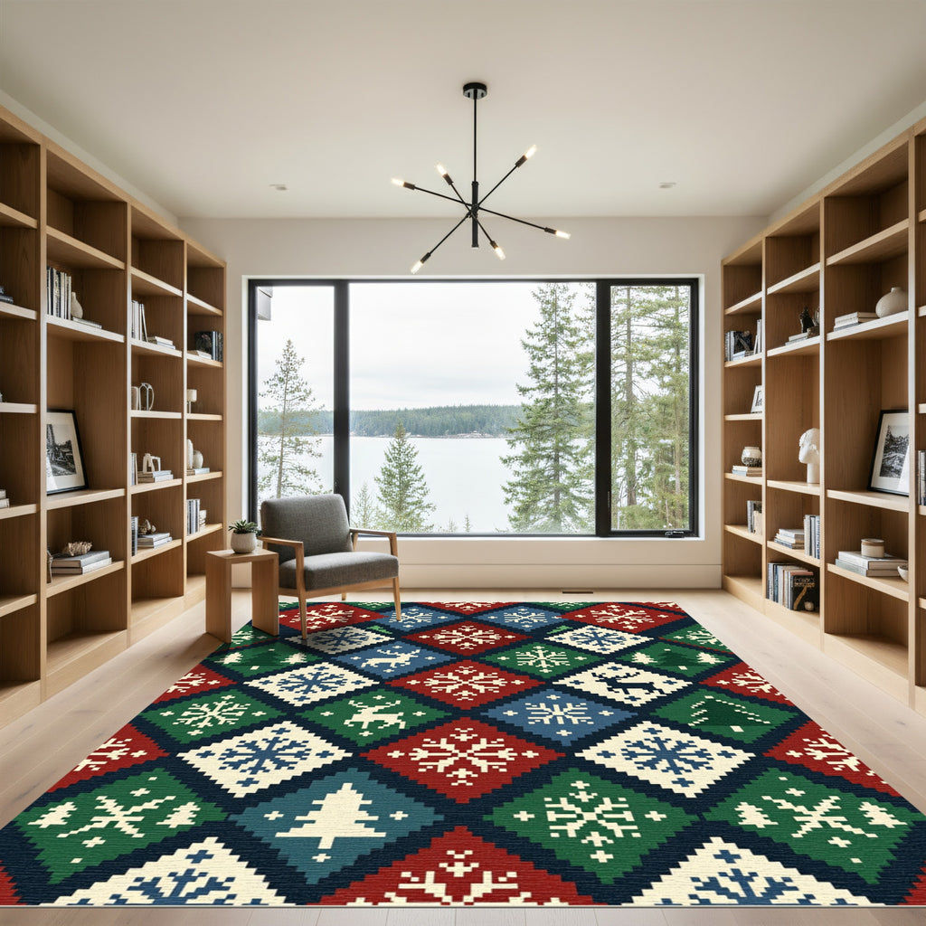 Festive Nordic Diamond Snowflake Reindeer Rug