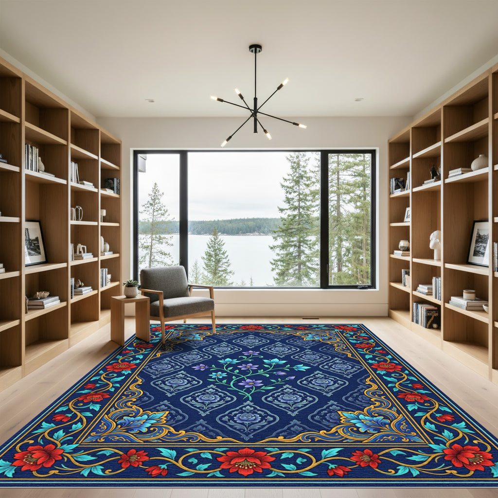 Midnight Blue Floral Meadow Art Rug