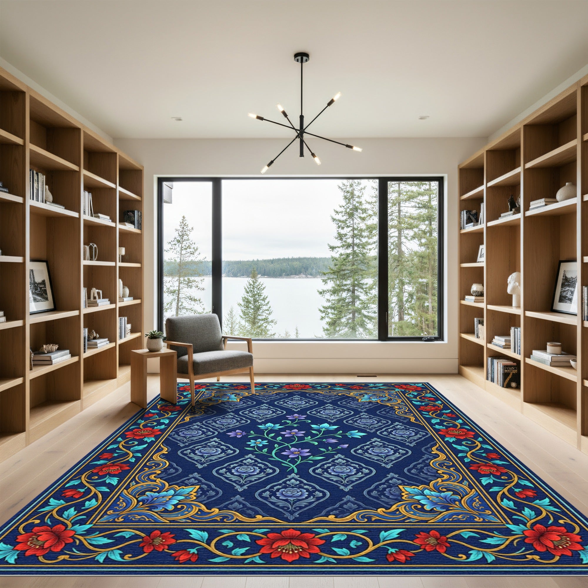 Midnight Blue Floral Meadow Art Rug