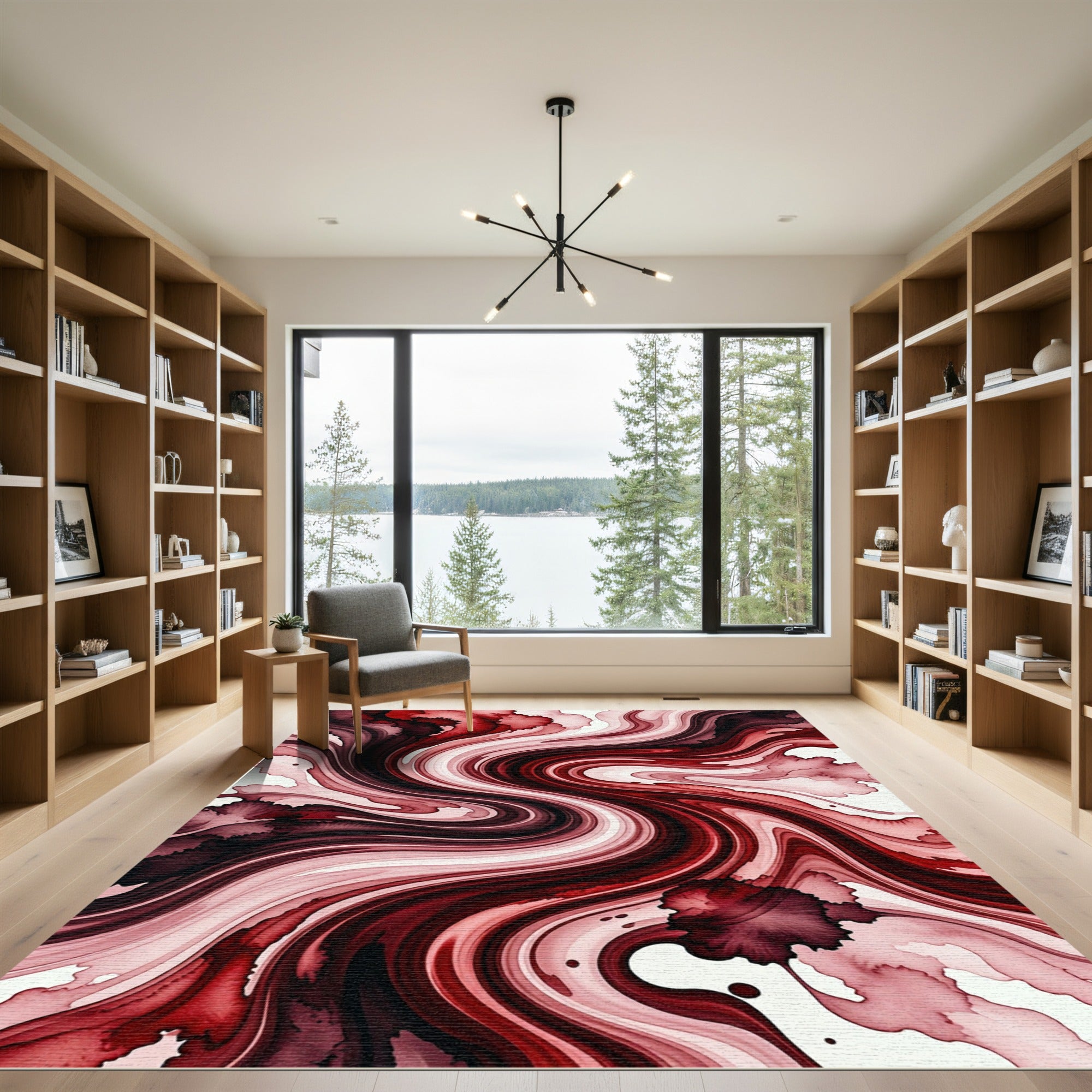 Crimson Liquid Marble Swirl Abstract Rug