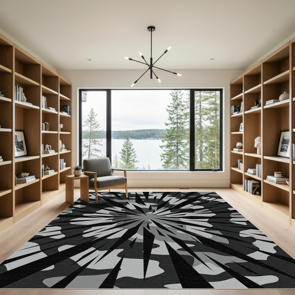 Monochrome Abstract Geometric Radial Burst Rug