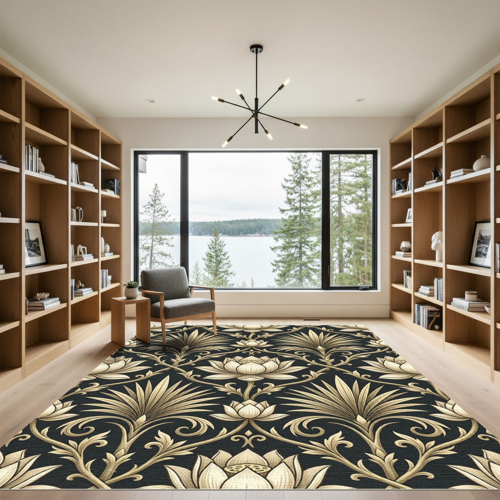 Elegantly Ornate Cream Lotus Gold Damask Rug
