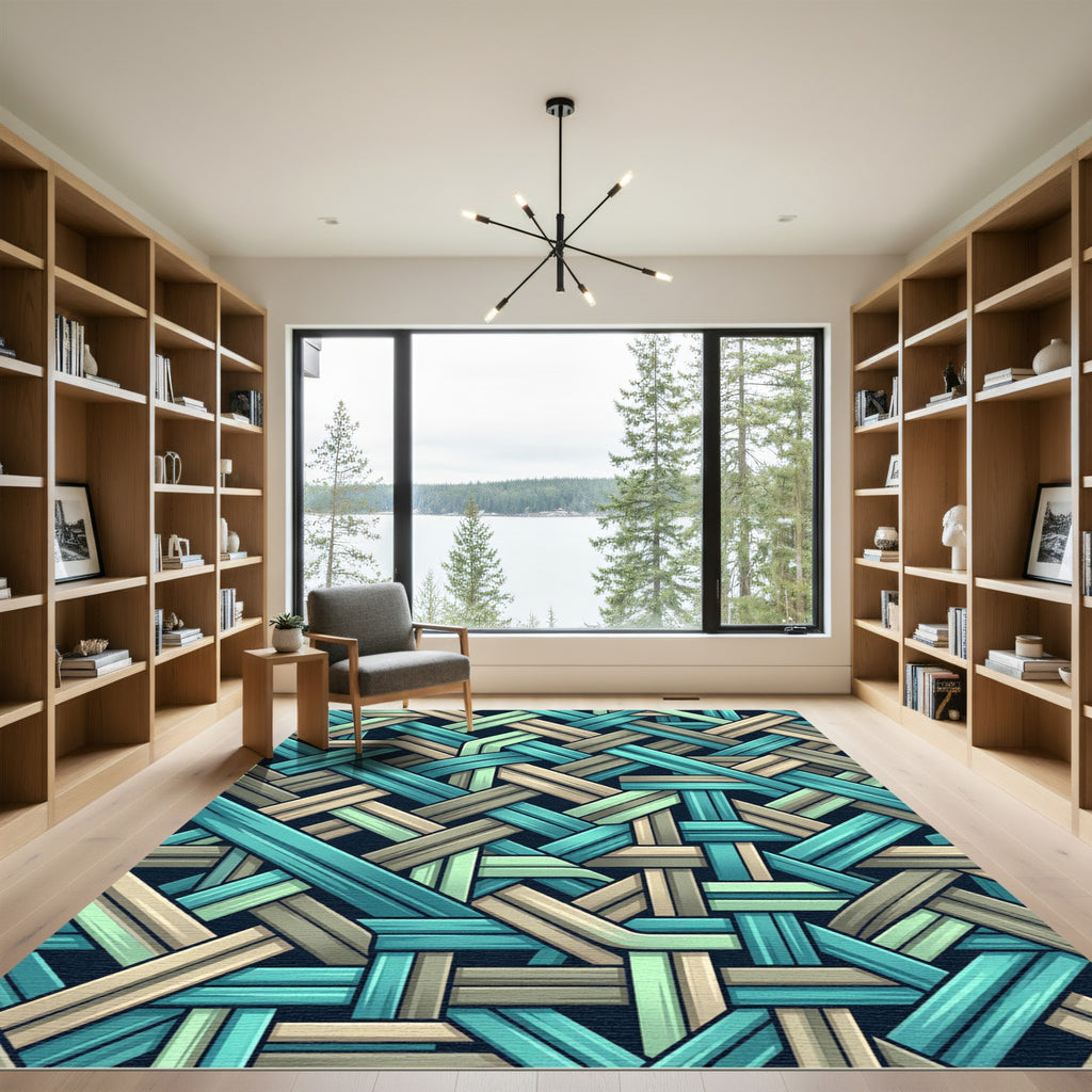 Teal and Sage Woven Interlaced Grid Rug