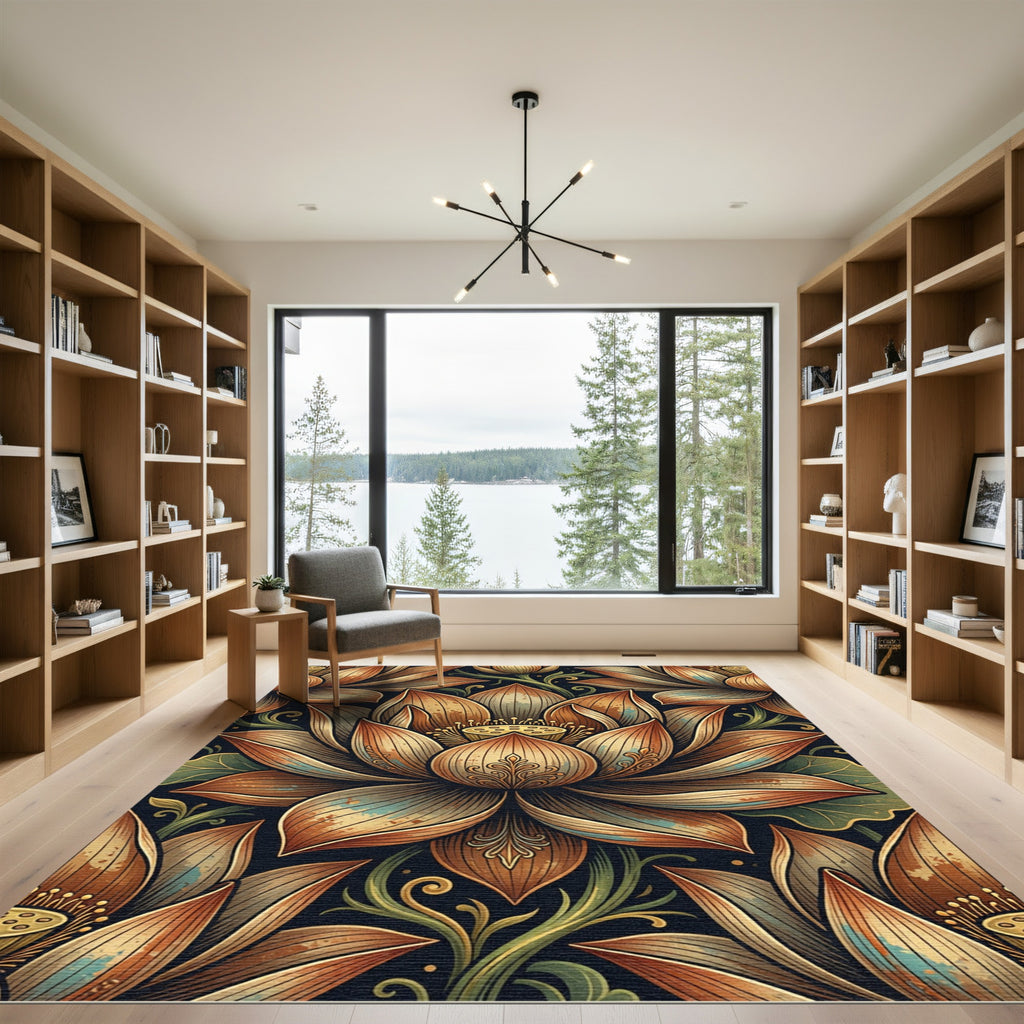Ornate Golden Lotus Floral Tapestry Rug