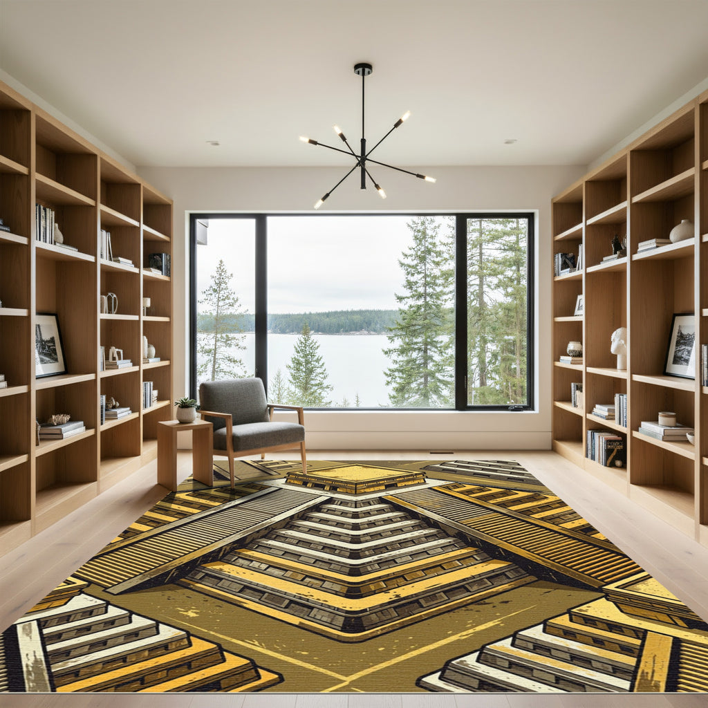 Golden Mayan Ziggurat Step Geometric Rug