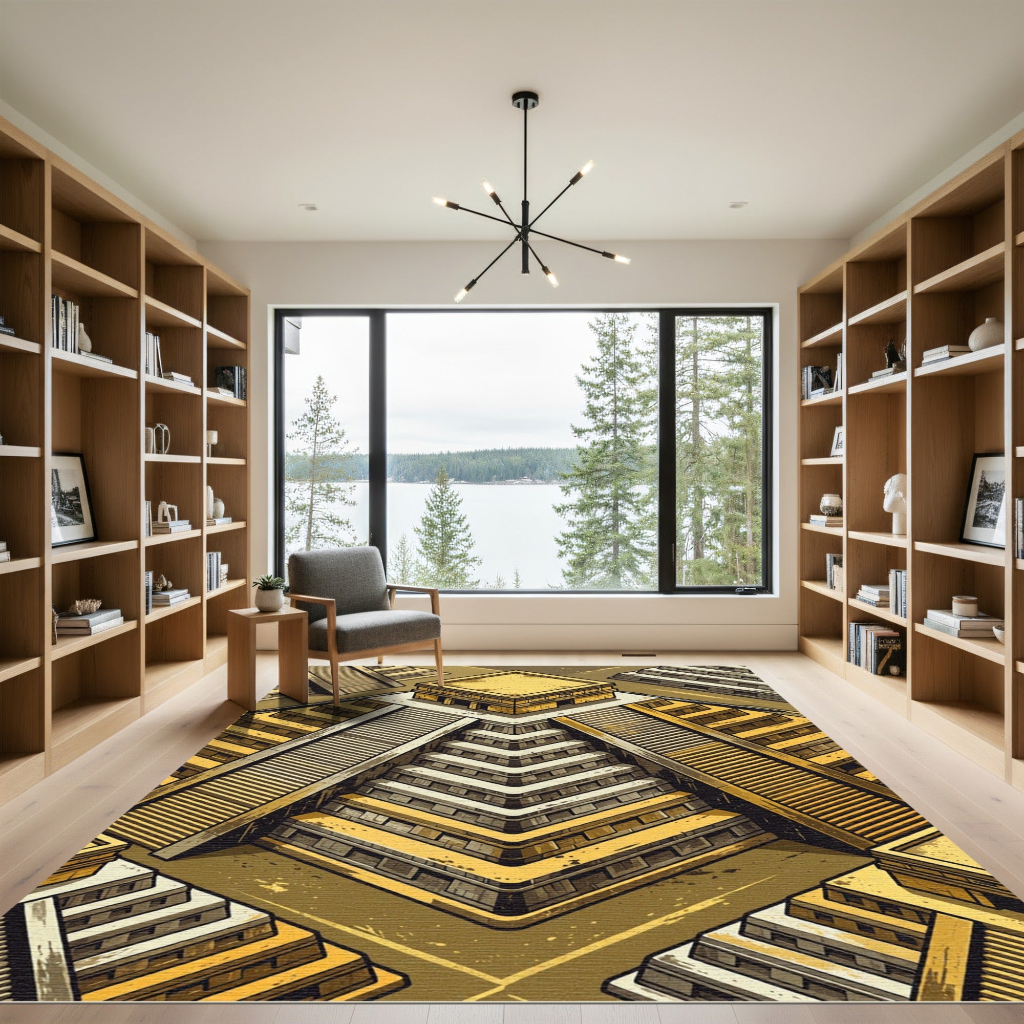 Golden Mayan Ziggurat Step Geometric Rug