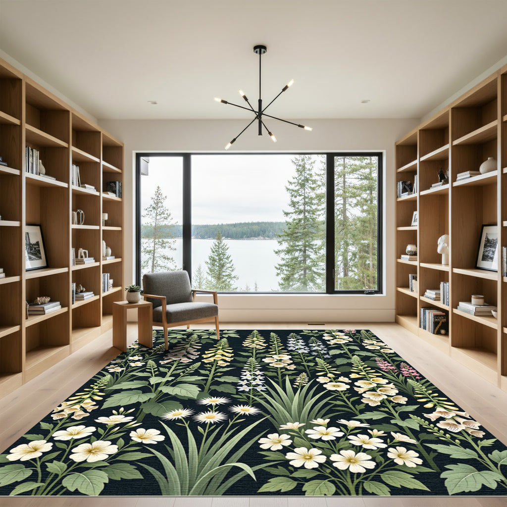 Botanical Wildflower Garden on Black Canvas Rug