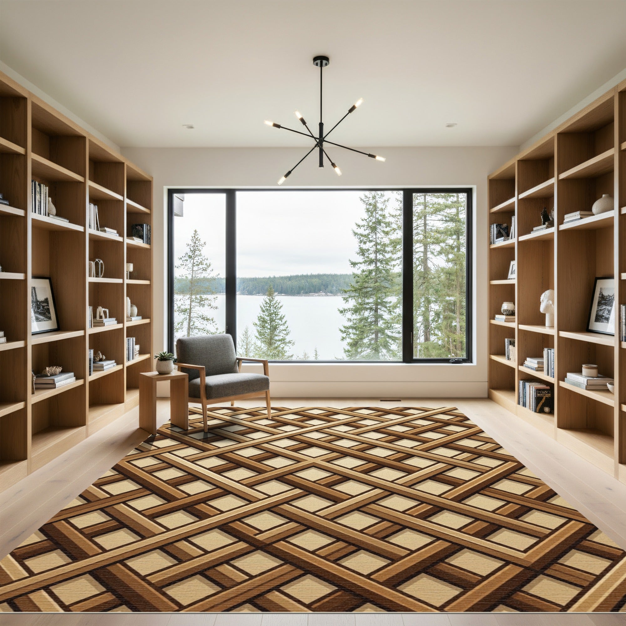 Geometric Interlocking Wooden Lattice Rug