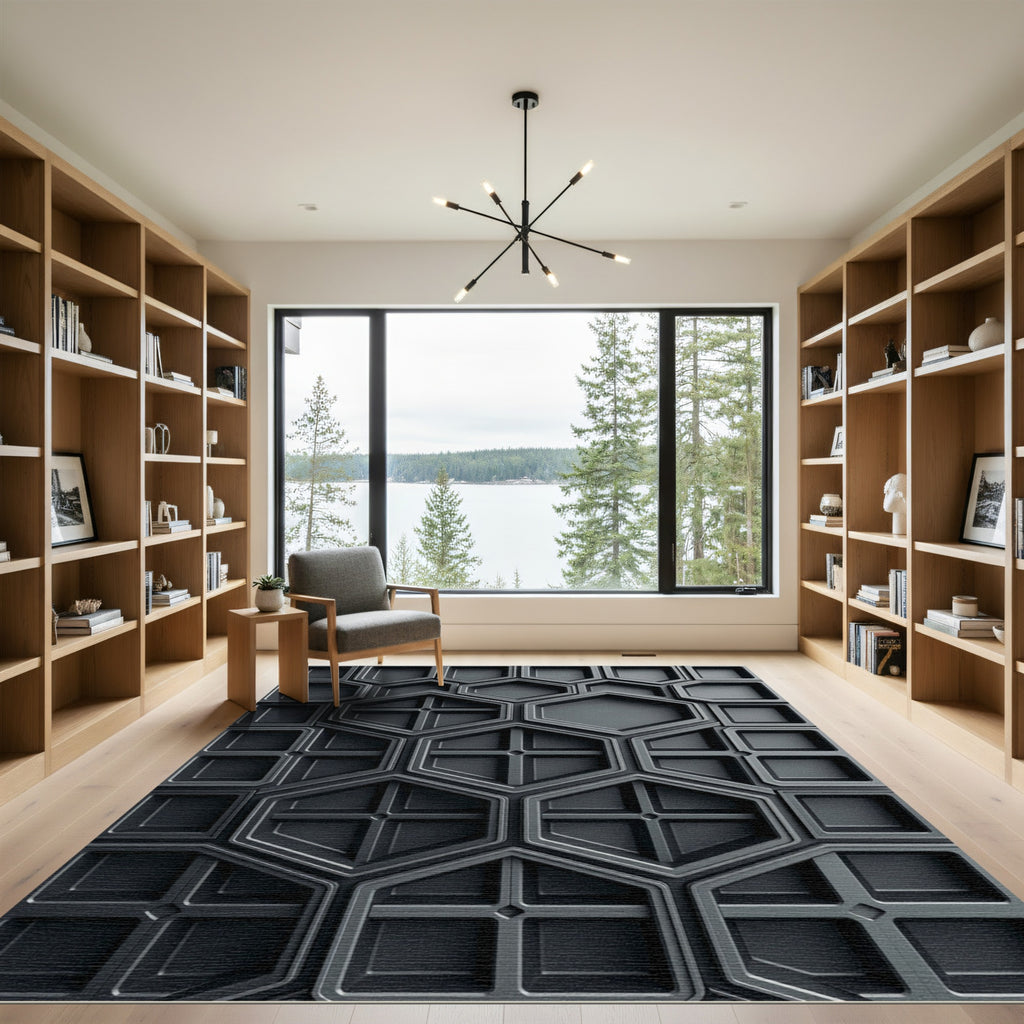 Modern Charcoal Geometric Hexagonal Architecture Rug