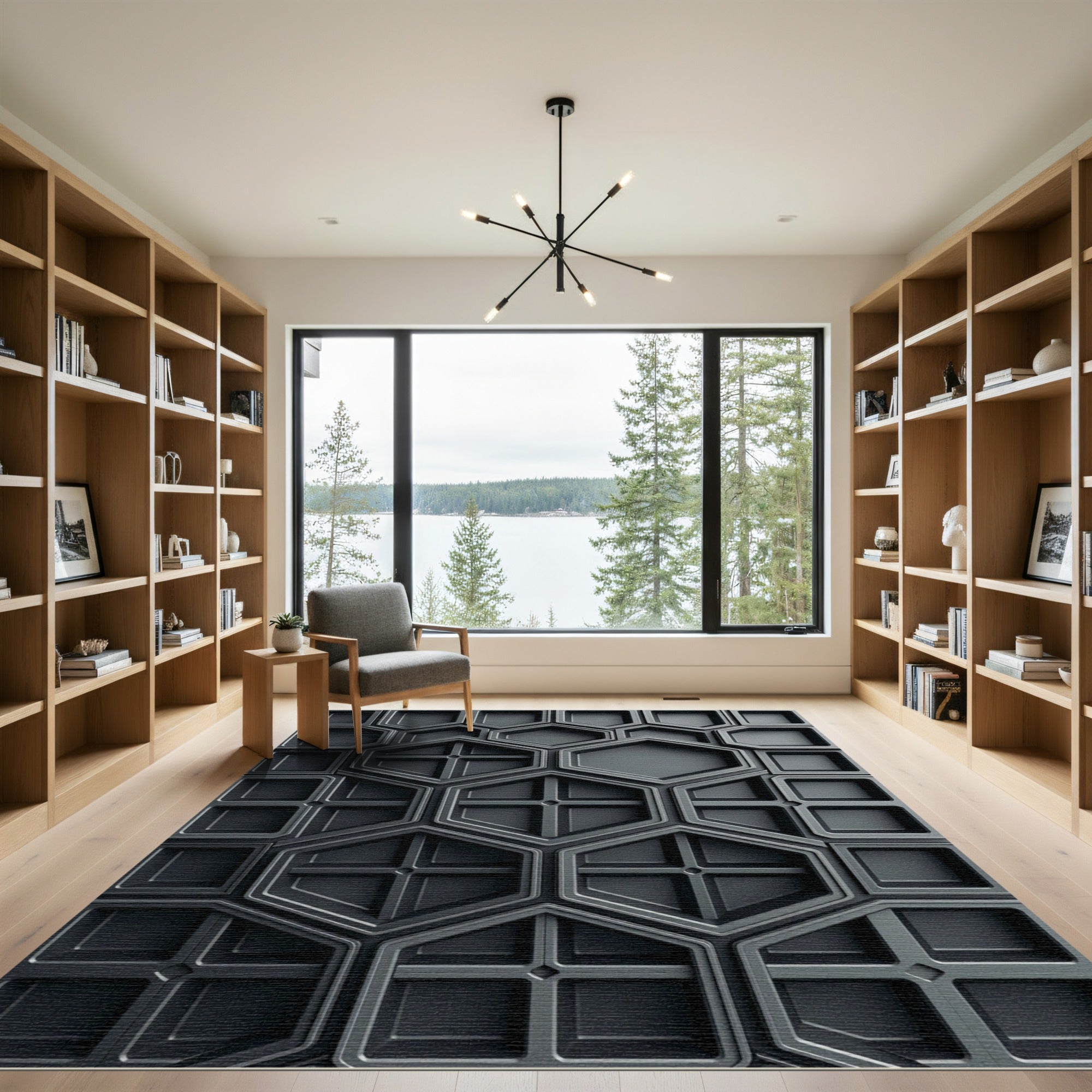 Modern Charcoal Geometric Hexagonal Architecture Rug