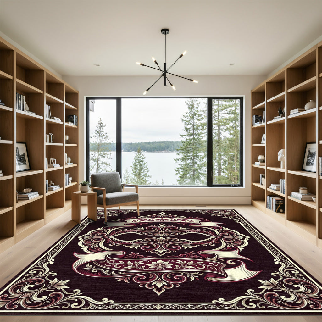 Ornate Crimson Floral Scroll Rug