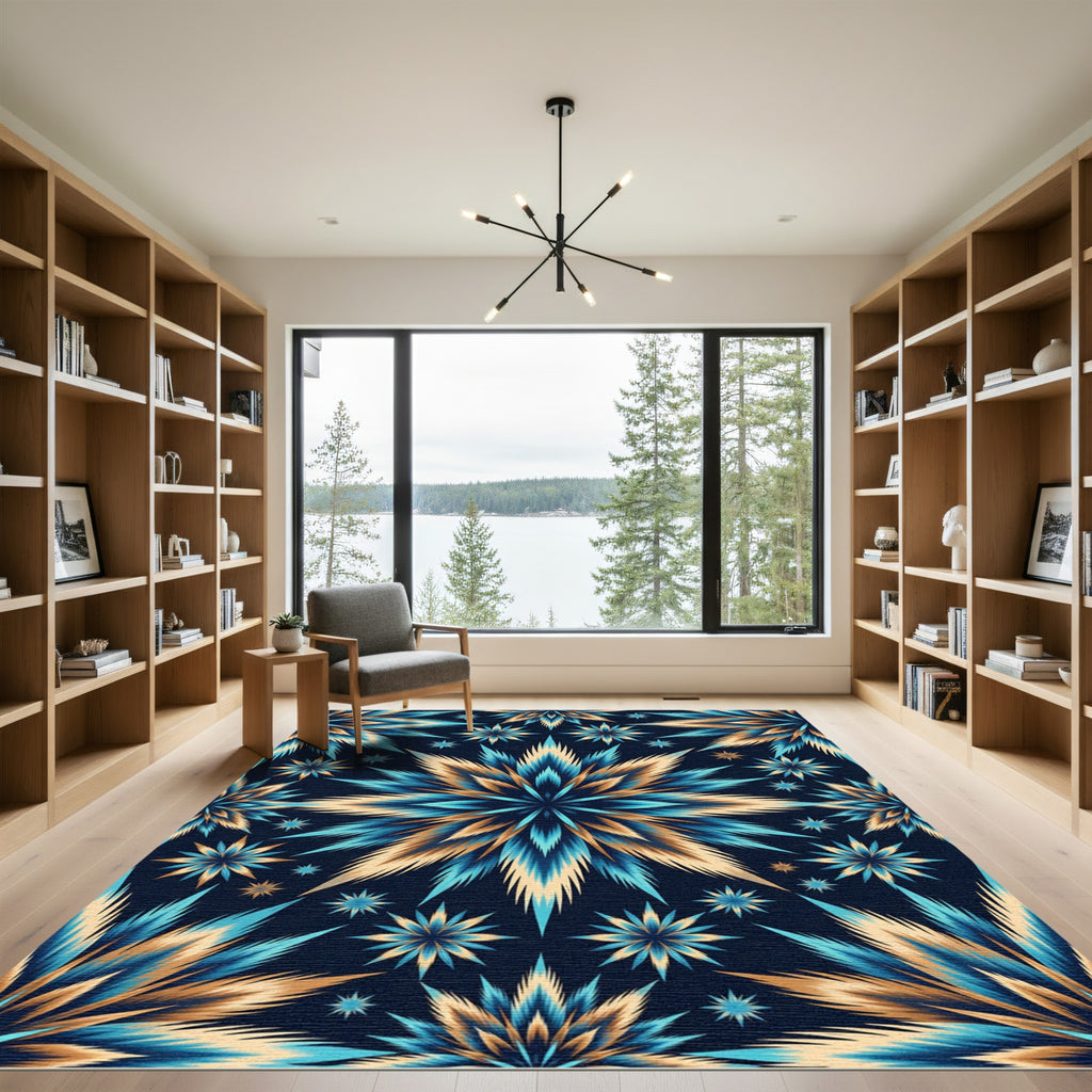 Celestial Blue and Gold Starburst Rug
