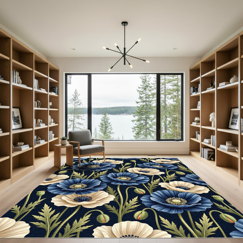 Blue and Cream Botanical Poppy Garden Rug
