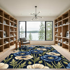 Blue and Cream Botanical Poppy Garden Rug