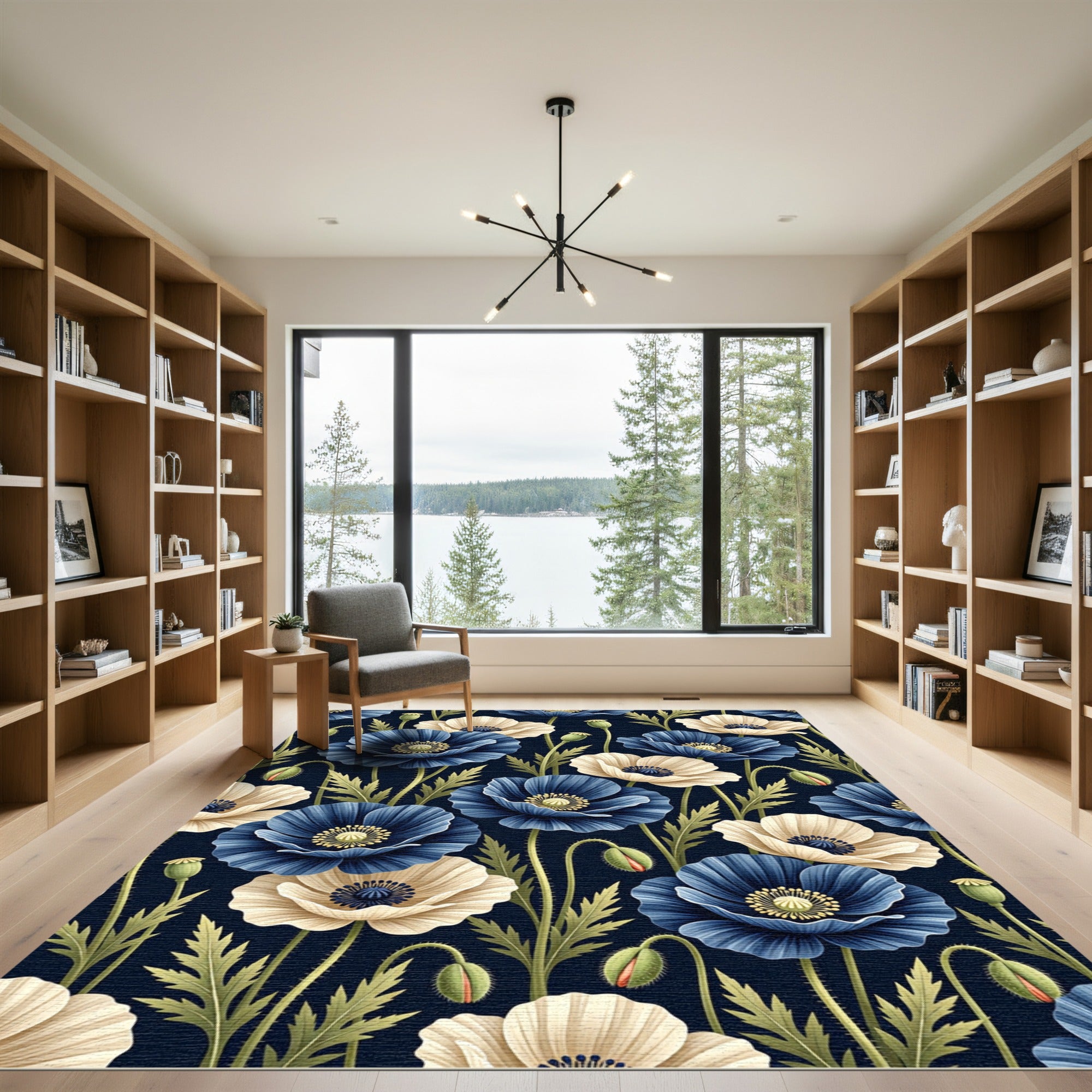 Blue and Cream Botanical Poppy Garden Rug