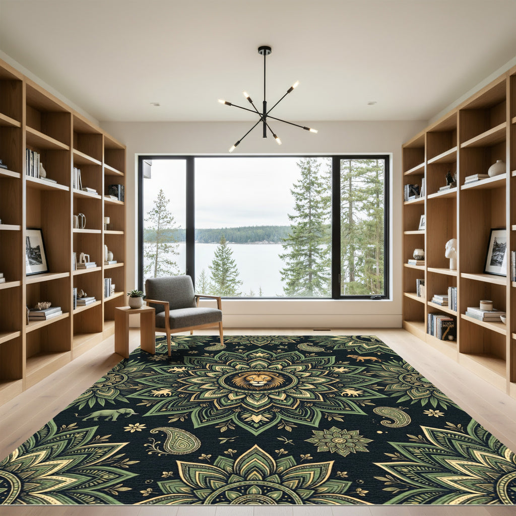 Ornate Sage Lion Elephant Floral Medallion Rug