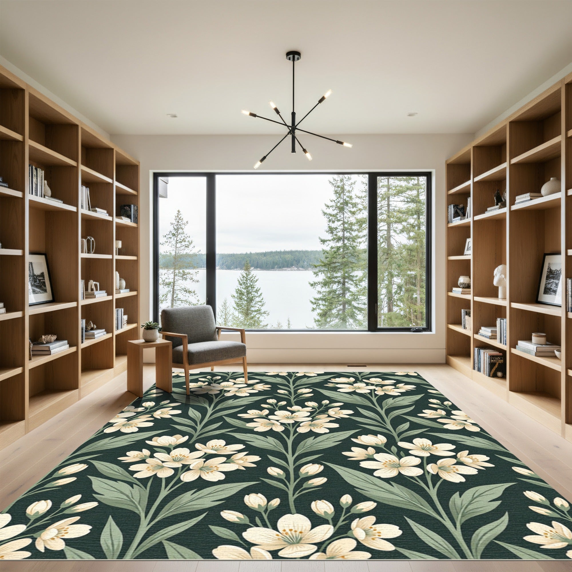 Dark Emerald Botanical White Blossom Rug