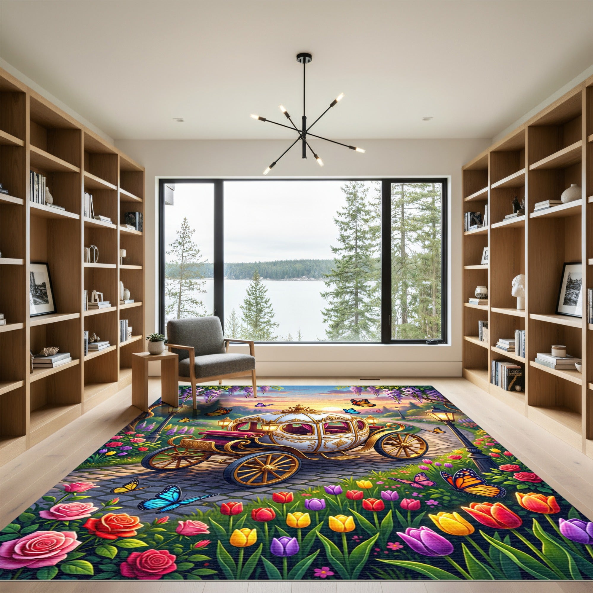 Whimsical Golden Carriage Butterfly Garden Rug