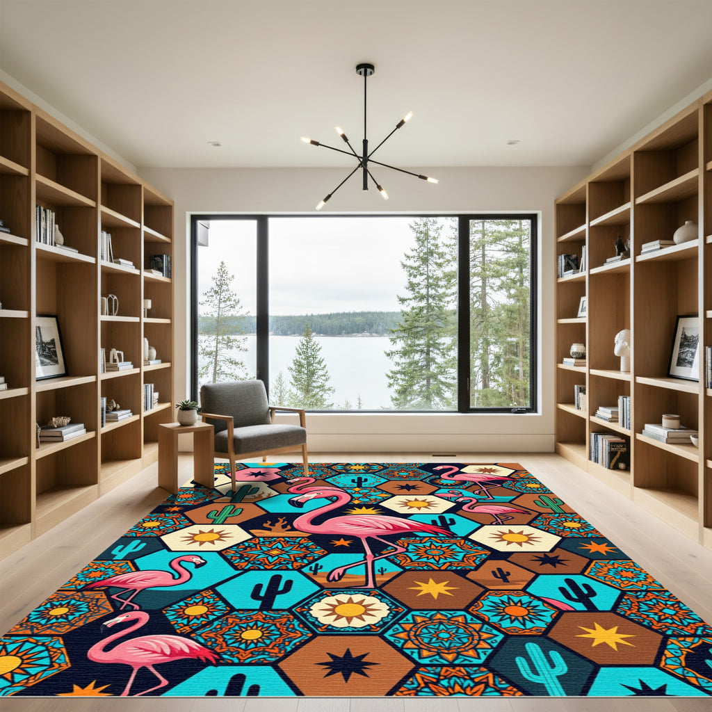 Pink Flamingo Desert Hexagon Collage Rug