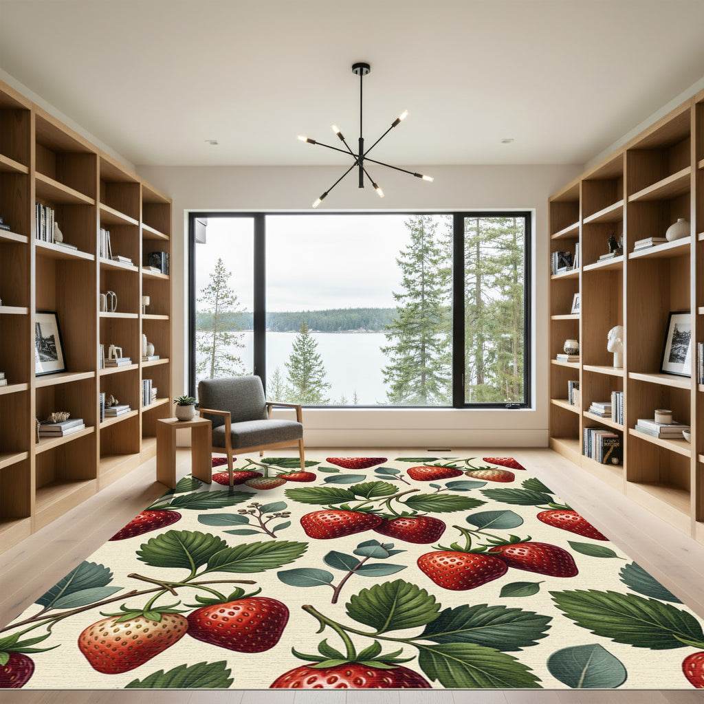 Botanical Strawberry Cream Foliage Illustration Rug