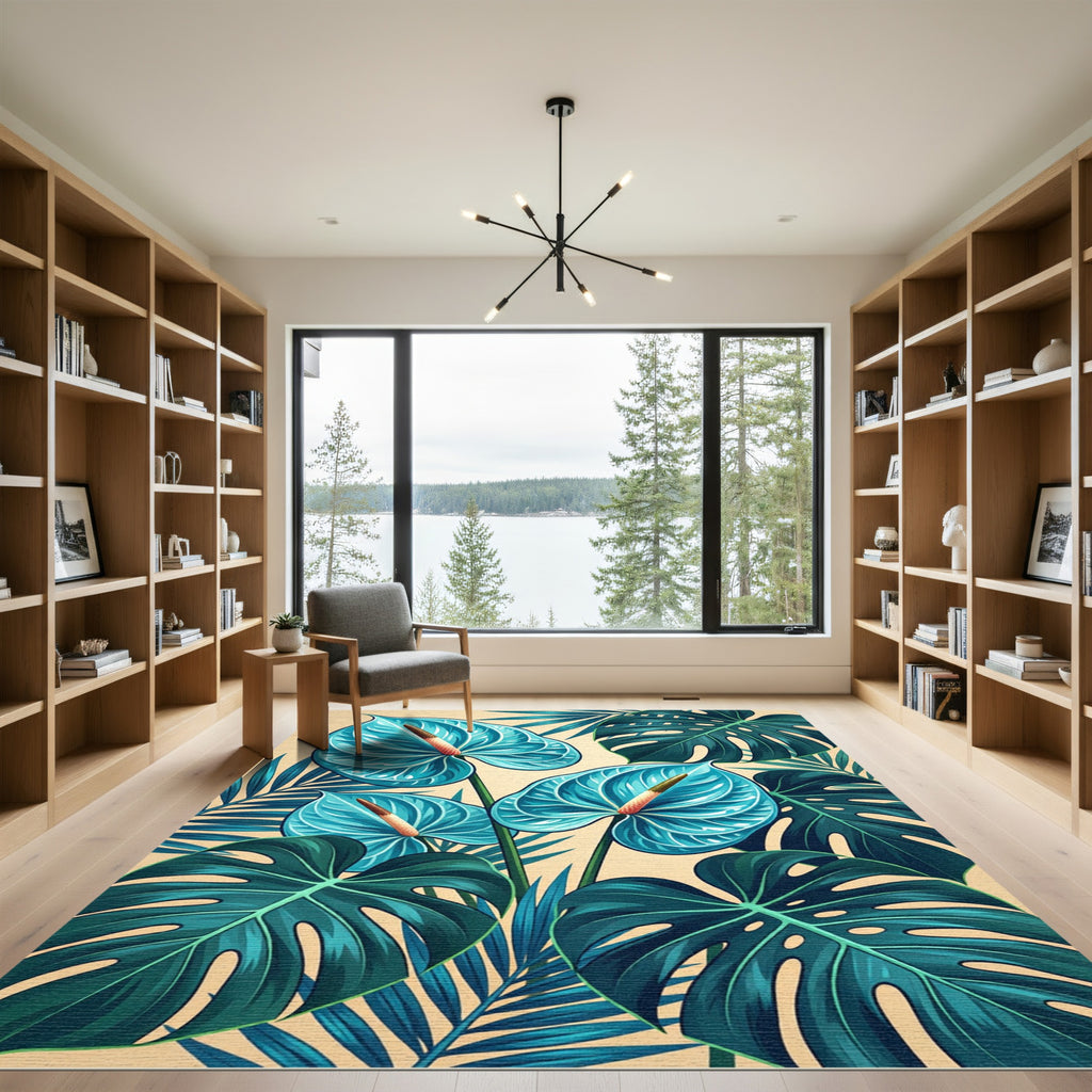 Lush Blue Tropical Anthurium Leaf Art Rug
