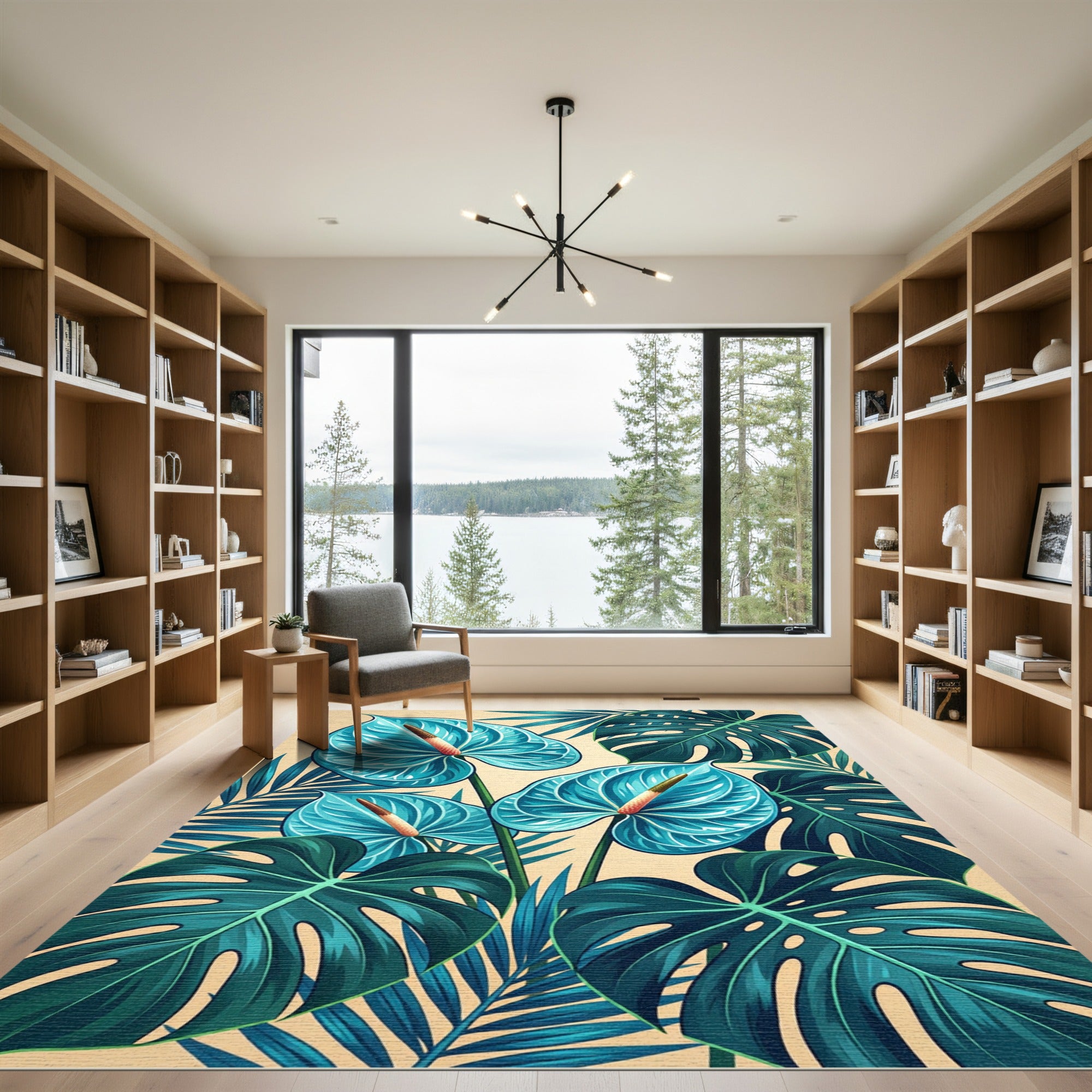 Lush Blue Tropical Anthurium Leaf Art Rug