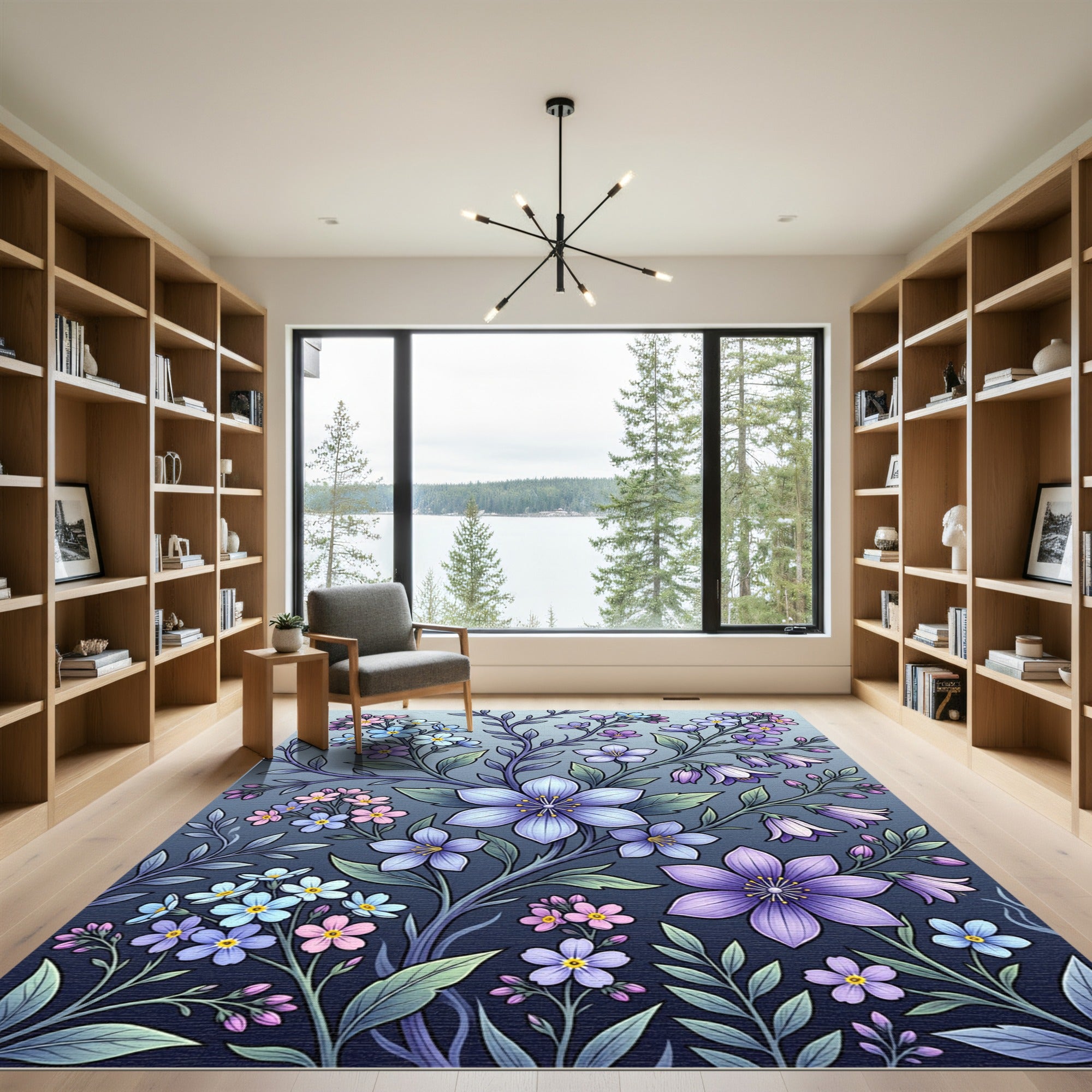 Elegant Lavender Blue Floral Botanical Illustration Rug
