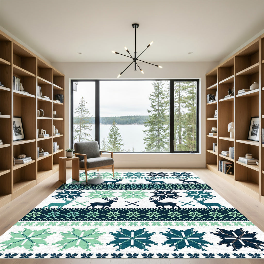 Nordic Reindeer Snowflake Teal Area Rug