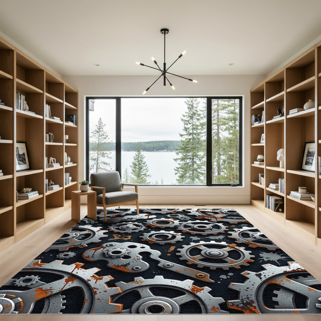 Industrial Gears Rust Metallic Mechanical Art Rug