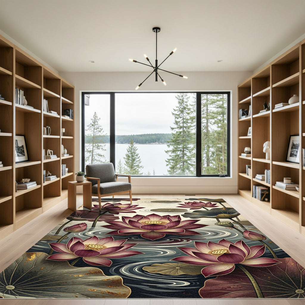 Crimson Lotus Pond Floral Art Rug