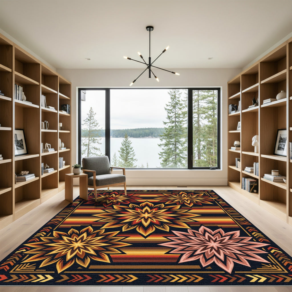 Warm Earthy Sunburst Geometric Medallion Rug